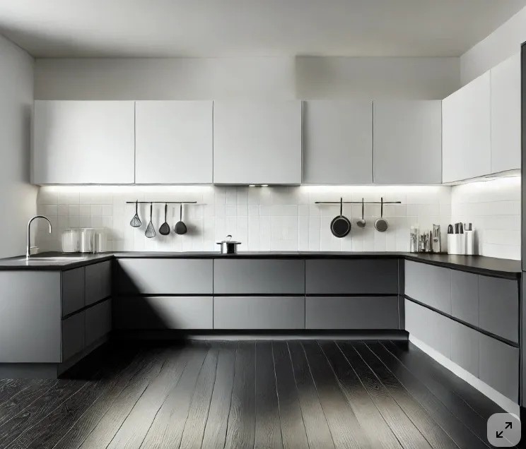 Fabricación y Montura y Pintura de cocina estructurada en MDF BLANCO, parte visible en Melamina Gris, colocada en piso, parte superior con tramos divisores, INCLUYE: Depensa, pandereta de nevera con mueble de almacenaje en parte superior y 1 torre con 3 gavetas en parte inferior, respaldo y fondo de gavetas en MDF de 1/4, cenefa sobre gabinetes hasta el techo con 2 puertas sobre ventana, Bisagras con sistema de cierre hidráulico en puertas y correderas full extensión hidráulicas en gavetas. NOTA: Estos precios no incluyen tiradores, ni herraje adicional, ni luces ni tope. El modelo cotizado no va hasta el techo.