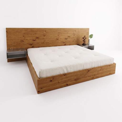 CAMA QUEEN CABECERA ANCHA CON MESAS DE NOCHE FLOTANTES (PINO TRATADO MACIZO)